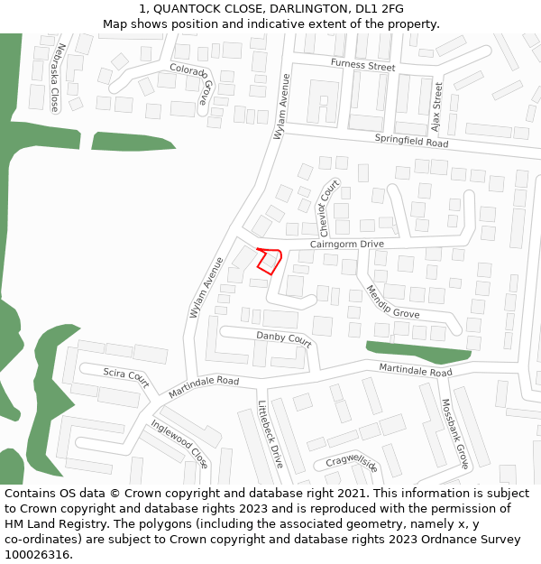 1, QUANTOCK CLOSE, DARLINGTON, DL1 2FG: Location map and indicative extent of plot
