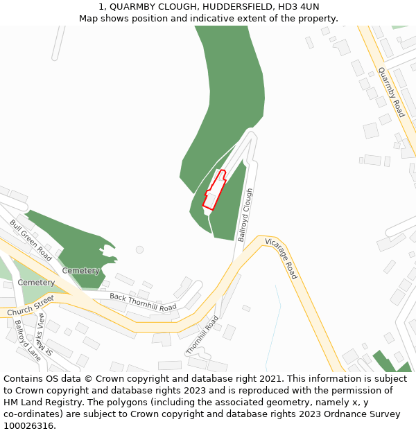1, QUARMBY CLOUGH, HUDDERSFIELD, HD3 4UN: Location map and indicative extent of plot