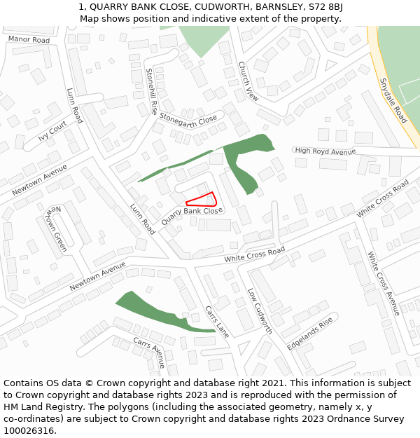 1, QUARRY BANK CLOSE, CUDWORTH, BARNSLEY, S72 8BJ: Location map and indicative extent of plot