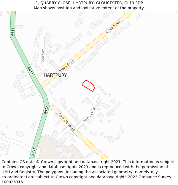 1, QUARRY CLOSE, HARTPURY, GLOUCESTER, GL19 3DP: Location map and indicative extent of plot