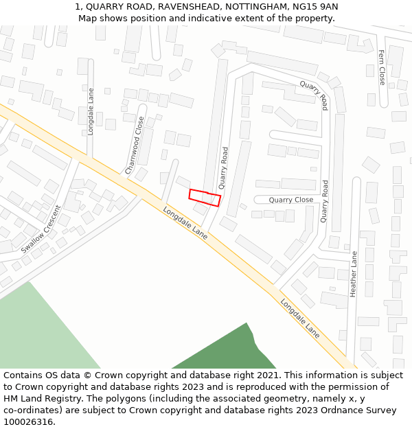 1, QUARRY ROAD, RAVENSHEAD, NOTTINGHAM, NG15 9AN: Location map and indicative extent of plot