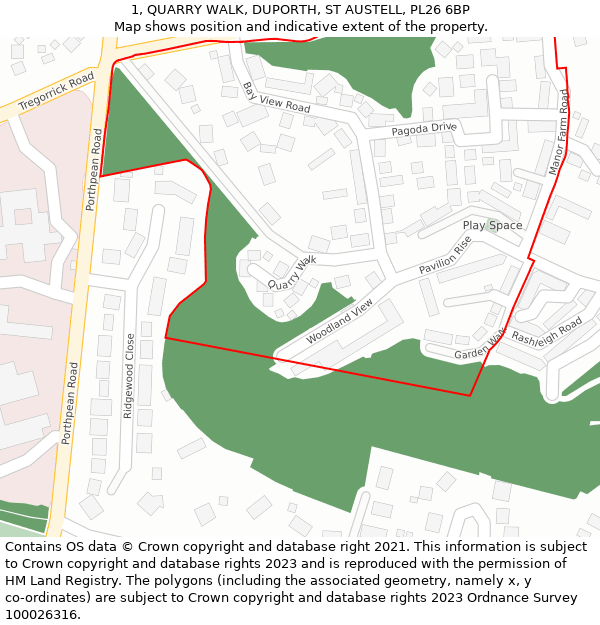 1, QUARRY WALK, DUPORTH, ST AUSTELL, PL26 6BP: Location map and indicative extent of plot