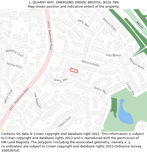 1, QUARRY WAY, EMERSONS GREEN, BRISTOL, BS16 7BN: Location map and indicative extent of plot