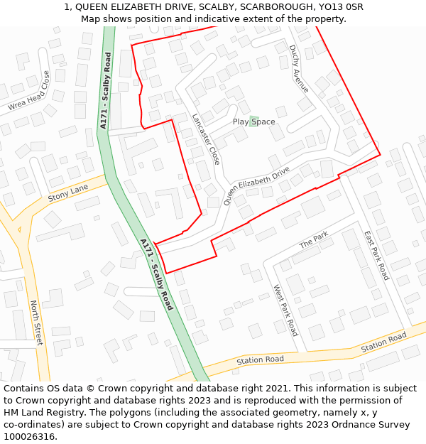 1, QUEEN ELIZABETH DRIVE, SCALBY, SCARBOROUGH, YO13 0SR: Location map and indicative extent of plot