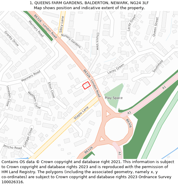 1, QUEENS FARM GARDENS, BALDERTON, NEWARK, NG24 3LF: Location map and indicative extent of plot