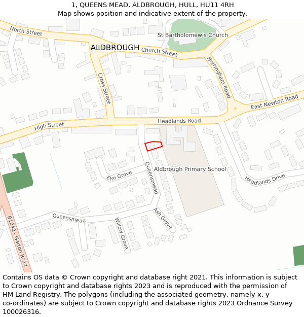 1, QUEENS MEAD, ALDBROUGH, HULL, HU11 4RH: Location map and indicative extent of plot
