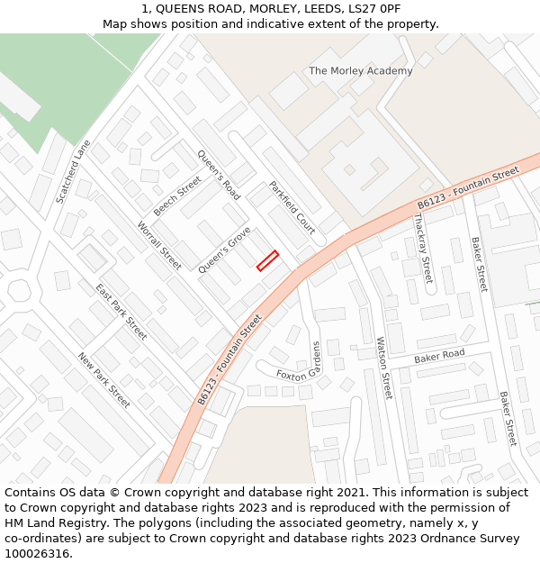 1, QUEENS ROAD, MORLEY, LEEDS, LS27 0PF: Location map and indicative extent of plot