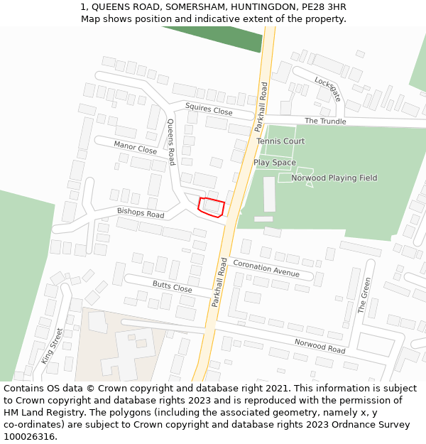 1, QUEENS ROAD, SOMERSHAM, HUNTINGDON, PE28 3HR: Location map and indicative extent of plot