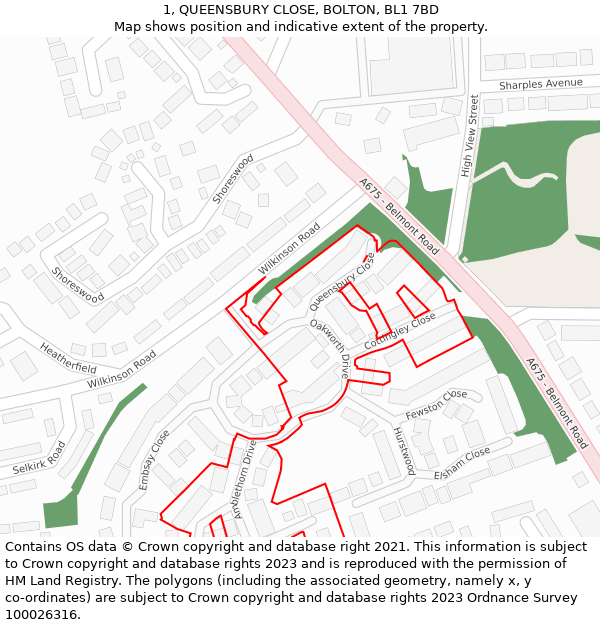 1, QUEENSBURY CLOSE, BOLTON, BL1 7BD: Location map and indicative extent of plot