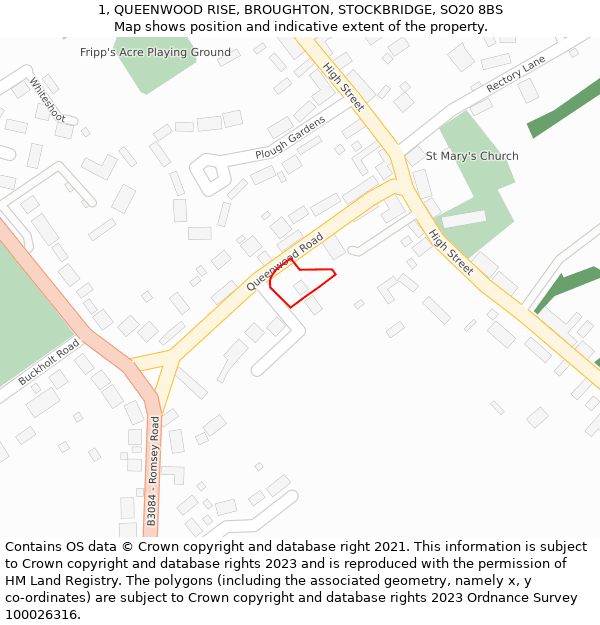 1, QUEENWOOD RISE, BROUGHTON, STOCKBRIDGE, SO20 8BS: Location map and indicative extent of plot