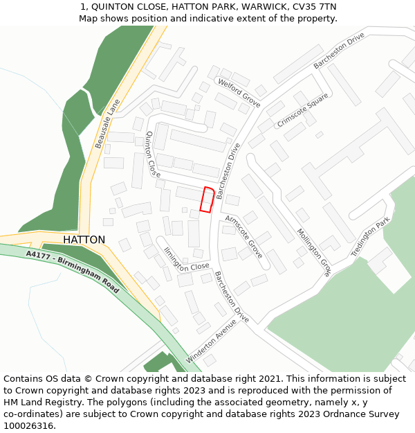 1, QUINTON CLOSE, HATTON PARK, WARWICK, CV35 7TN: Location map and indicative extent of plot