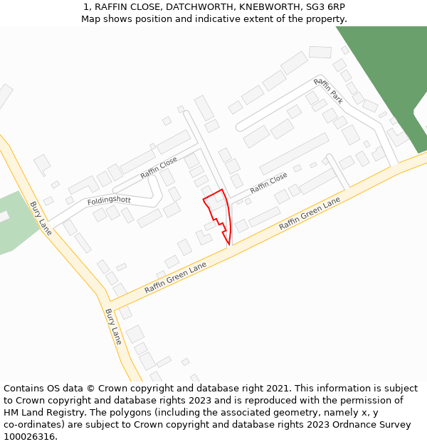 1, RAFFIN CLOSE, DATCHWORTH, KNEBWORTH, SG3 6RP: Location map and indicative extent of plot