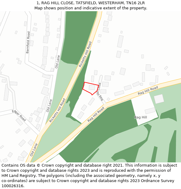 1, RAG HILL CLOSE, TATSFIELD, WESTERHAM, TN16 2LR: Location map and indicative extent of plot