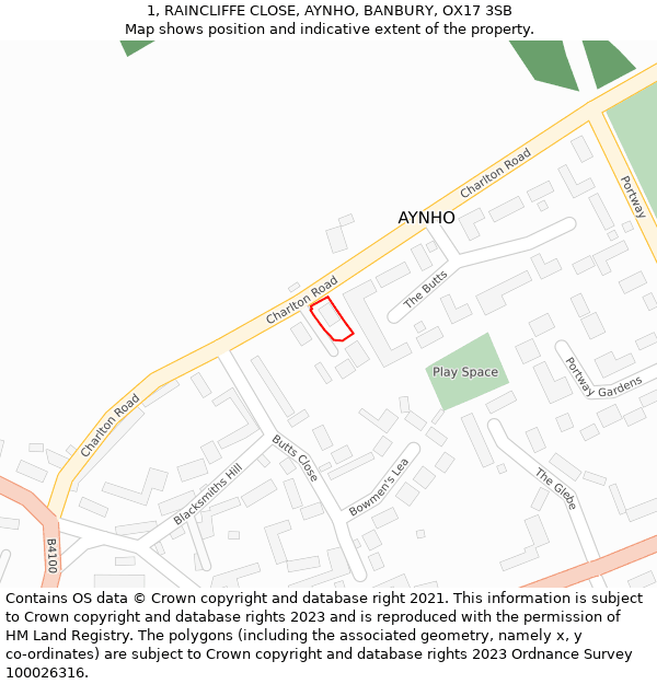 1, RAINCLIFFE CLOSE, AYNHO, BANBURY, OX17 3SB: Location map and indicative extent of plot