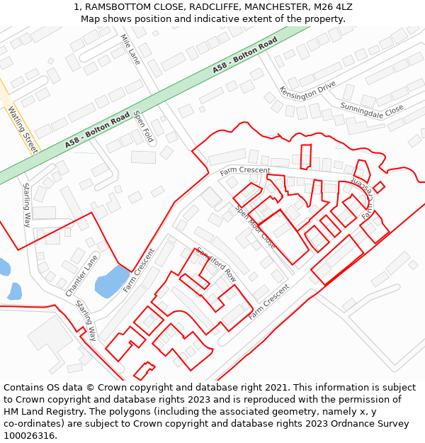 1, RAMSBOTTOM CLOSE, RADCLIFFE, MANCHESTER, M26 4LZ: Location map and indicative extent of plot