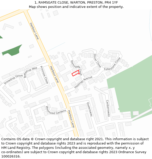 1, RAMSGATE CLOSE, WARTON, PRESTON, PR4 1YF: Location map and indicative extent of plot