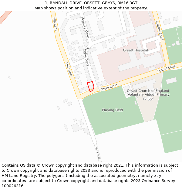 1, RANDALL DRIVE, ORSETT, GRAYS, RM16 3GT: Location map and indicative extent of plot