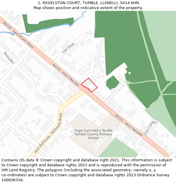 1, RAVELSTON COURT, TUMBLE, LLANELLI, SA14 6HN: Location map and indicative extent of plot