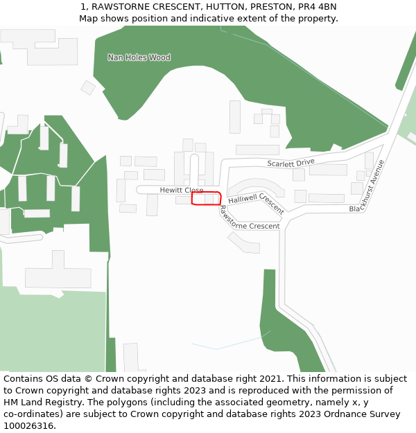 1, RAWSTORNE CRESCENT, HUTTON, PRESTON, PR4 4BN: Location map and indicative extent of plot