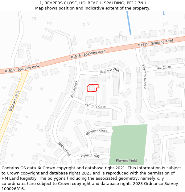 1, REAPERS CLOSE, HOLBEACH, SPALDING, PE12 7NU: Location map and indicative extent of plot