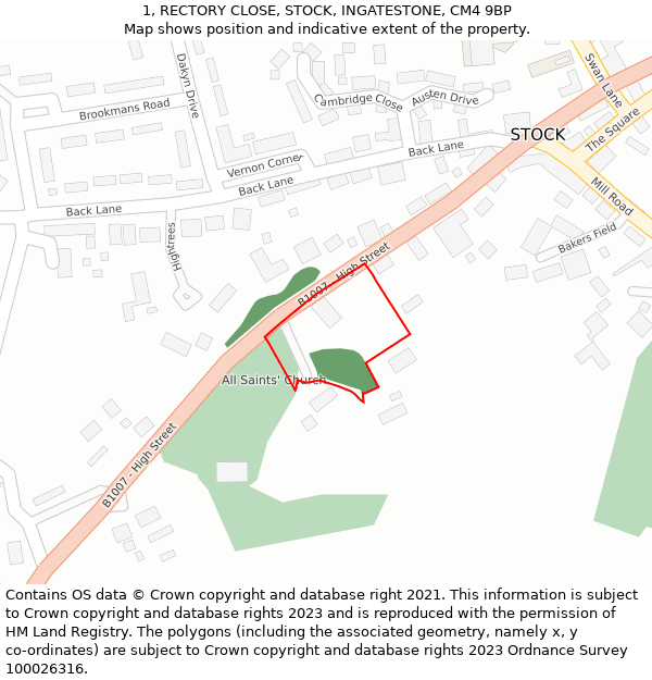 1, RECTORY CLOSE, STOCK, INGATESTONE, CM4 9BP: Location map and indicative extent of plot