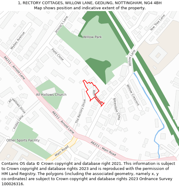 1, RECTORY COTTAGES, WILLOW LANE, GEDLING, NOTTINGHAM, NG4 4BH: Location map and indicative extent of plot