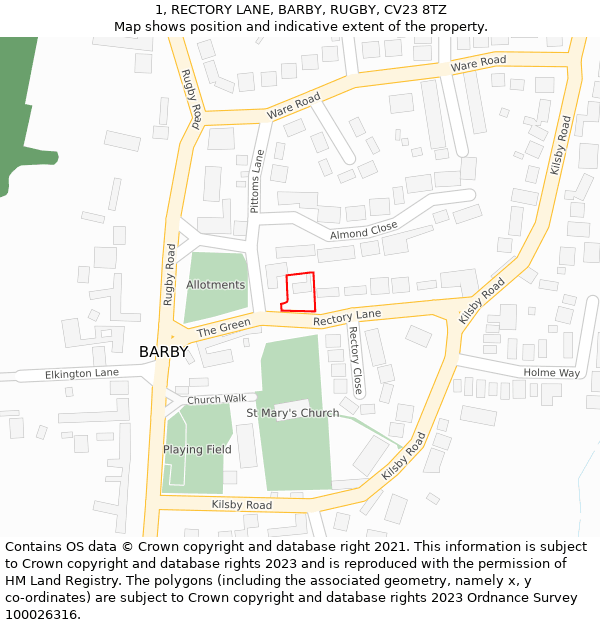 1, RECTORY LANE, BARBY, RUGBY, CV23 8TZ: Location map and indicative extent of plot