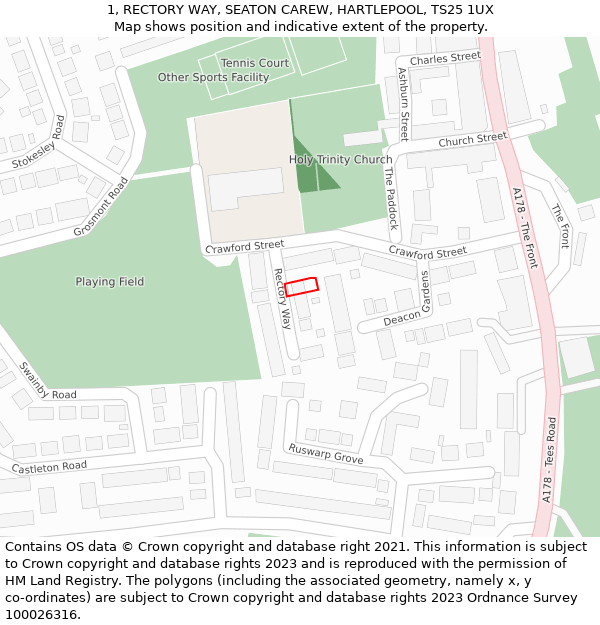 1, RECTORY WAY, SEATON CAREW, HARTLEPOOL, TS25 1UX: Location map and indicative extent of plot