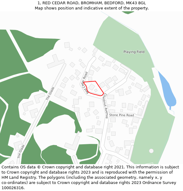 1, RED CEDAR ROAD, BROMHAM, BEDFORD, MK43 8GL: Location map and indicative extent of plot