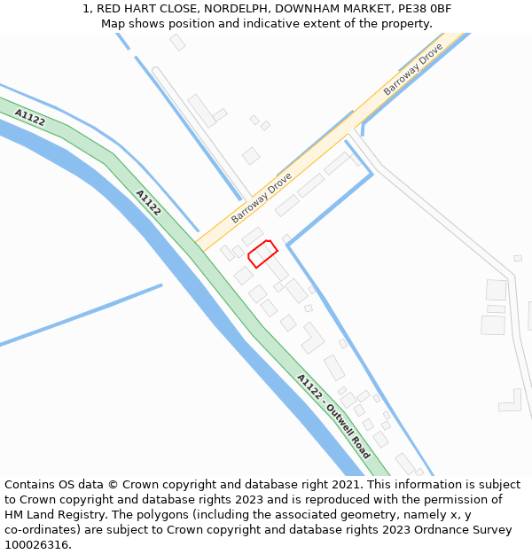 1, RED HART CLOSE, NORDELPH, DOWNHAM MARKET, PE38 0BF: Location map and indicative extent of plot