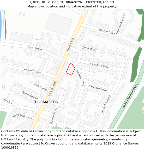 1, RED HILL CLOSE, THURMASTON, LEICESTER, LE4 8FU: Location map and indicative extent of plot