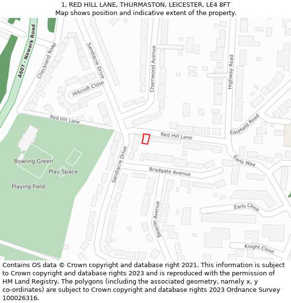 1, RED HILL LANE, THURMASTON, LEICESTER, LE4 8FT: Location map and indicative extent of plot