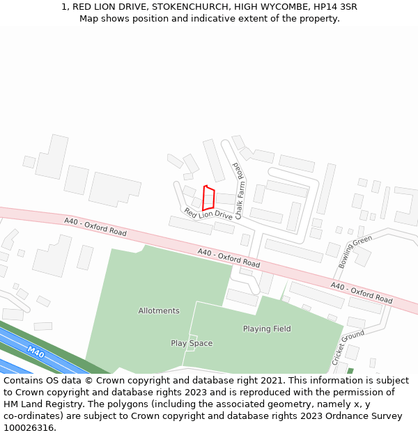 1, RED LION DRIVE, STOKENCHURCH, HIGH WYCOMBE, HP14 3SR: Location map and indicative extent of plot