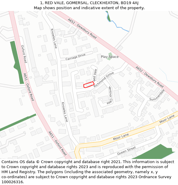 1, RED VALE, GOMERSAL, CLECKHEATON, BD19 4AJ: Location map and indicative extent of plot