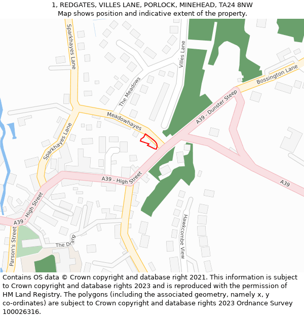 1, REDGATES, VILLES LANE, PORLOCK, MINEHEAD, TA24 8NW: Location map and indicative extent of plot