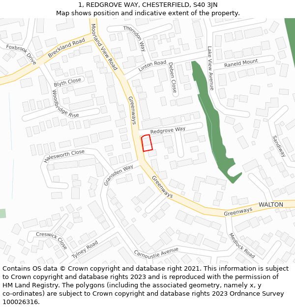 1, REDGROVE WAY, CHESTERFIELD, S40 3JN: Location map and indicative extent of plot