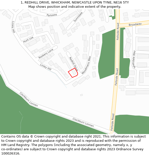 1, REDHILL DRIVE, WHICKHAM, NEWCASTLE UPON TYNE, NE16 5TY: Location map and indicative extent of plot