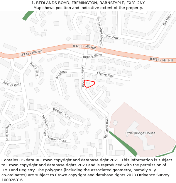 1, REDLANDS ROAD, FREMINGTON, BARNSTAPLE, EX31 2NY: Location map and indicative extent of plot