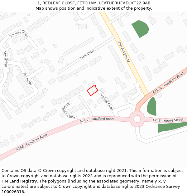 1, REDLEAF CLOSE, FETCHAM, LEATHERHEAD, KT22 9AB: Location map and indicative extent of plot