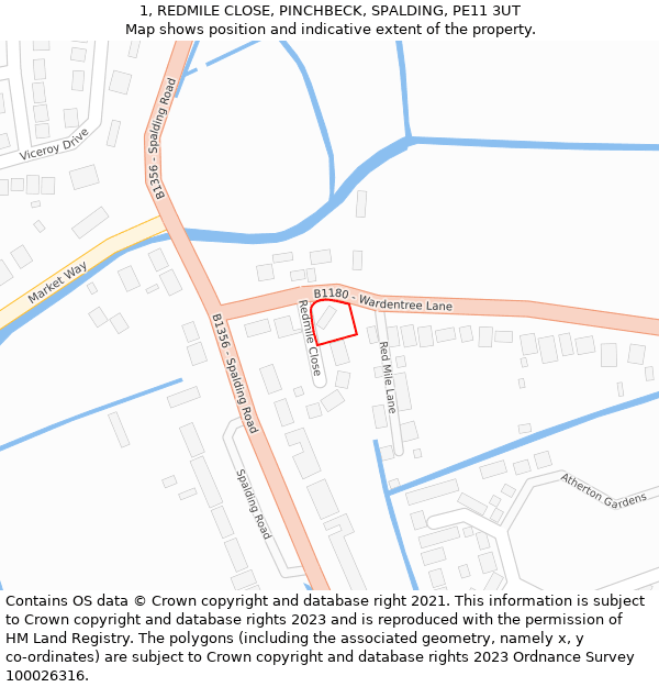 1, REDMILE CLOSE, PINCHBECK, SPALDING, PE11 3UT: Location map and indicative extent of plot