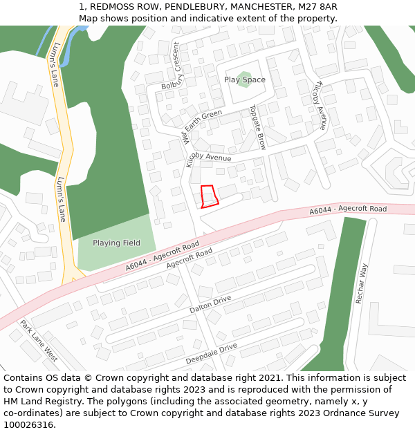 1, REDMOSS ROW, PENDLEBURY, MANCHESTER, M27 8AR: Location map and indicative extent of plot