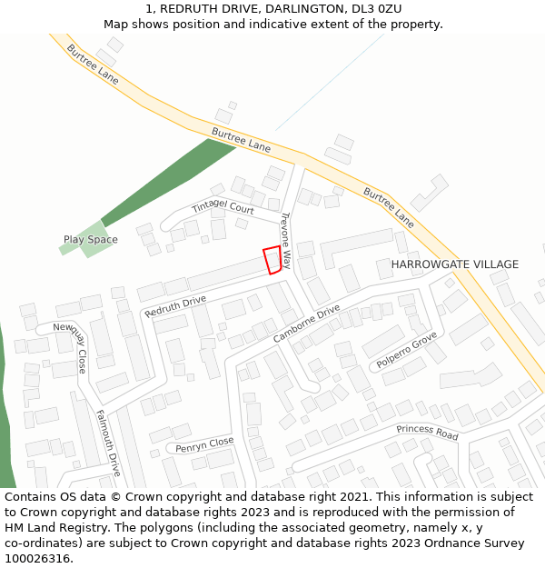 1, REDRUTH DRIVE, DARLINGTON, DL3 0ZU: Location map and indicative extent of plot