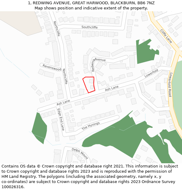 1, REDWING AVENUE, GREAT HARWOOD, BLACKBURN, BB6 7NZ: Location map and indicative extent of plot