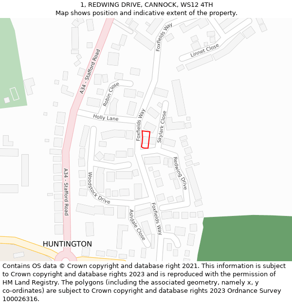 1, REDWING DRIVE, CANNOCK, WS12 4TH: Location map and indicative extent of plot