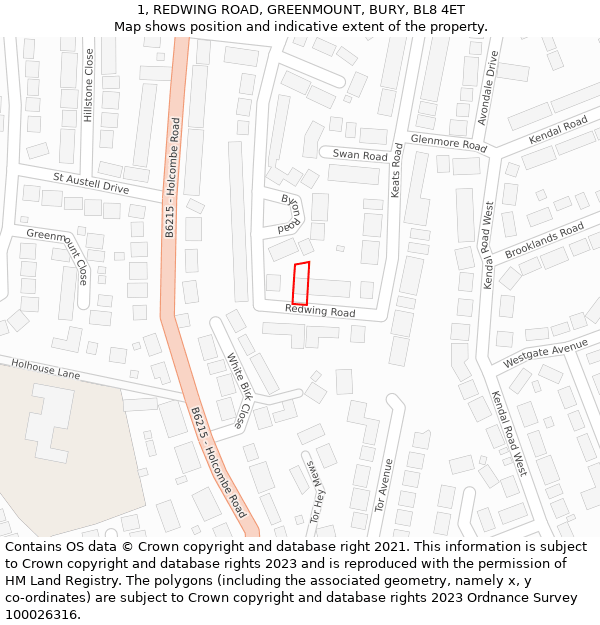 1, REDWING ROAD, GREENMOUNT, BURY, BL8 4ET: Location map and indicative extent of plot