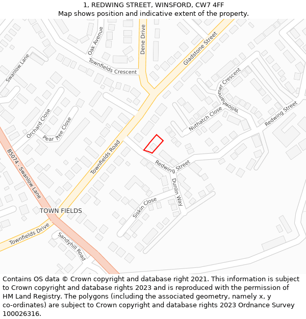 1, REDWING STREET, WINSFORD, CW7 4FF: Location map and indicative extent of plot