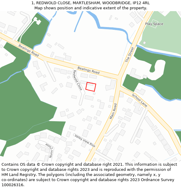 1, REDWOLD CLOSE, MARTLESHAM, WOODBRIDGE, IP12 4RL: Location map and indicative extent of plot