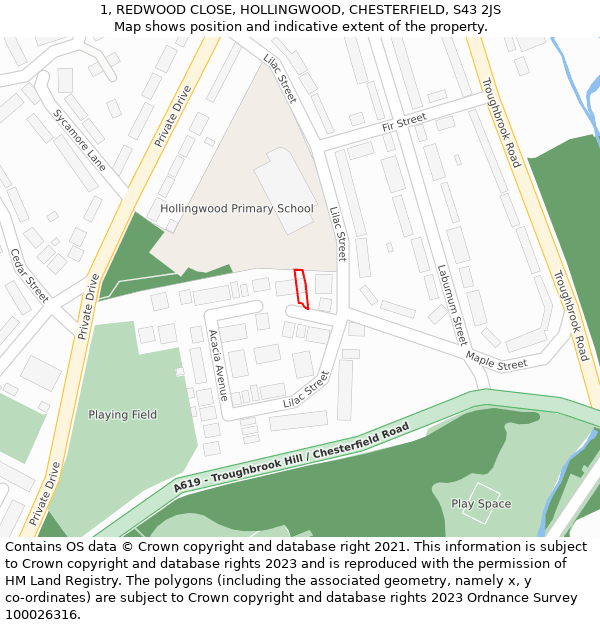 1, REDWOOD CLOSE, HOLLINGWOOD, CHESTERFIELD, S43 2JS: Location map and indicative extent of plot