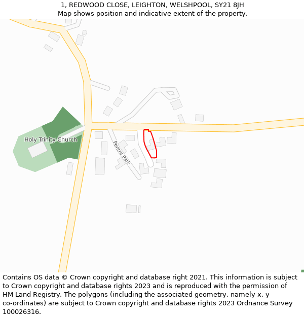 1, REDWOOD CLOSE, LEIGHTON, WELSHPOOL, SY21 8JH: Location map and indicative extent of plot