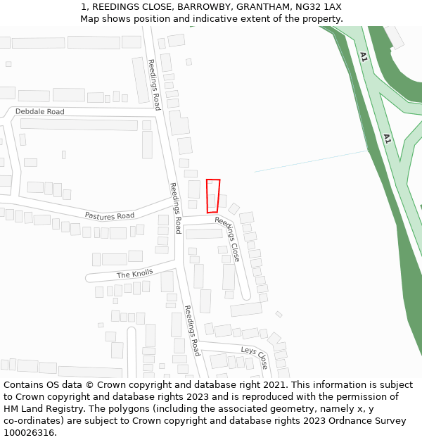 1, REEDINGS CLOSE, BARROWBY, GRANTHAM, NG32 1AX: Location map and indicative extent of plot